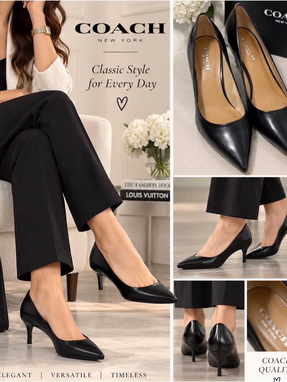 COACH Black Leather Pointed-Toe Mid Kitten Heels